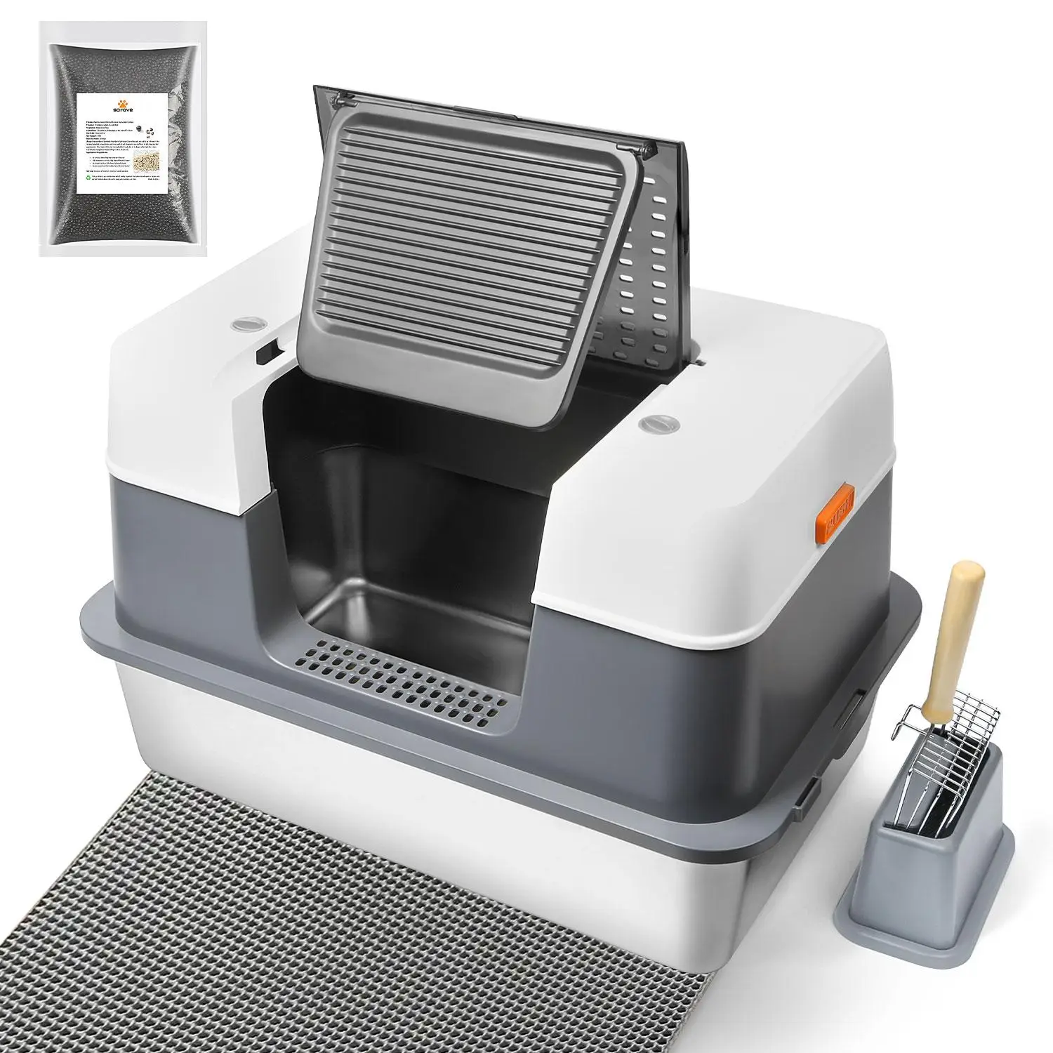 Scirove Indoor Odor-free, Non-Leaking, Stainless Steel Cat Litter Box With Lid, Extra Large For Big Cats, Enclosed Removable Litter Box, Pet Supplies,