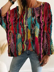 Women's Patchwork Knit Top, Casual Loose-Fitting Batwing Long Sleeve Shirt, Spring Summer Fashion, Elegant Beach Vacation Wear, Ladies' Blouse