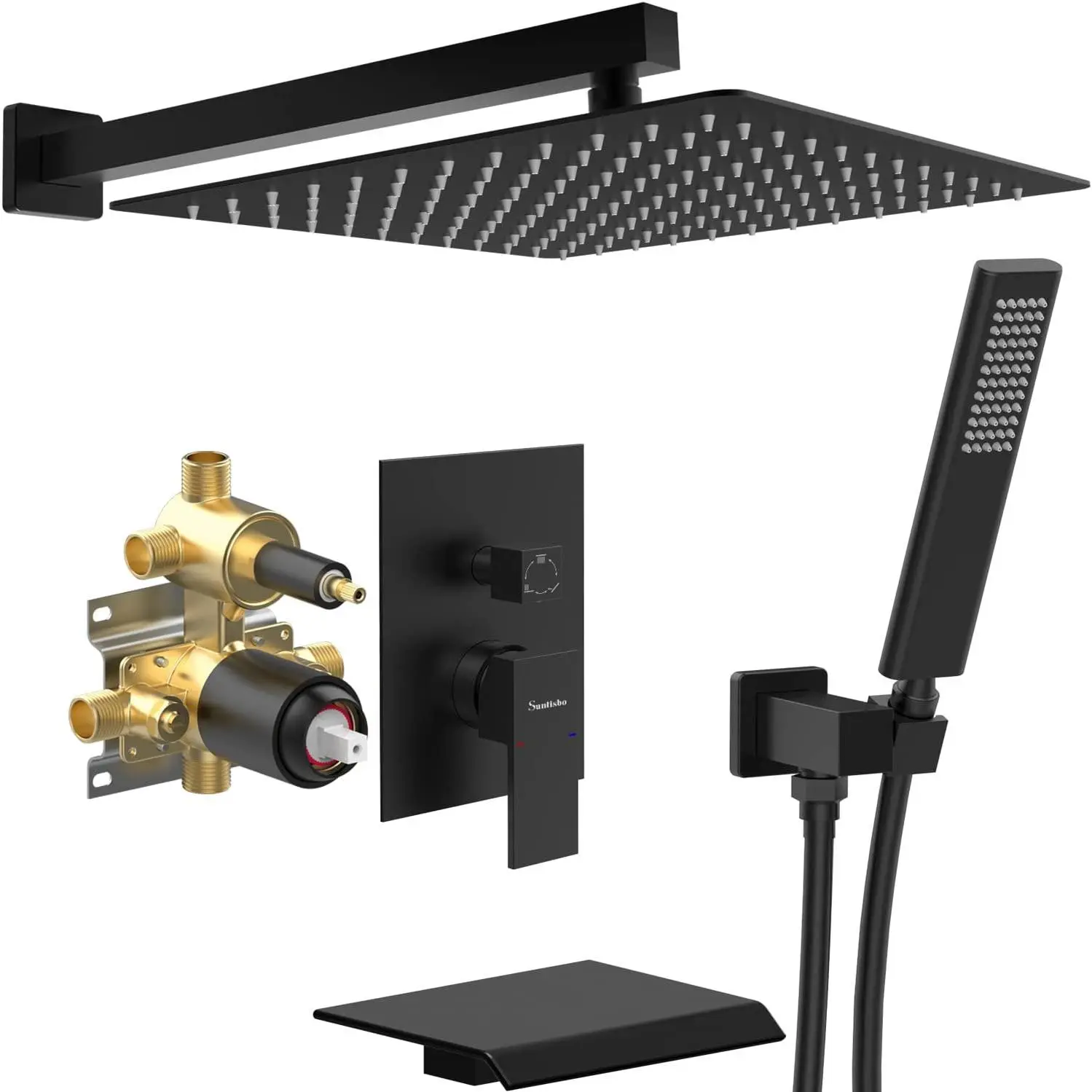 Male NPT Bathtub Shower Faucet Set, Waterfall Tub Faucet with 12-Inch Matte Black Rain Shower Head System