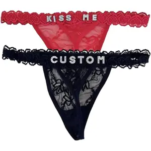 Personalized Thongs with Names, Custom Lace Underwear Panties with Rhinestone Shiny Letter Name for Women & Girlfriend Birthday Gift/Valentine's Day Gift Black