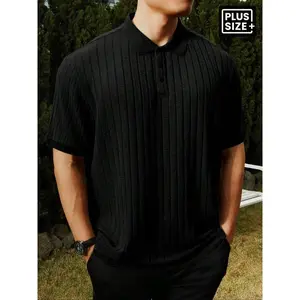 [Plus Size] Solid Ribbed Polo Shirt, Regular Fit Casual Short Sleeve Collared Top for Summer, Men's Clothes for Daily Wear