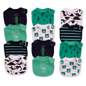 12 Pack Baby Drool Bibs Soft Skin Friendly Cotton Feeding Bibs for Boys Girls Adjustable Snap Closure Waterproof Breathable Teething Feeding Spit Up Protection Easy to Clean Cartoon Dinosaur Animal Prints