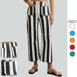 Imily Bela Womens Cropped Striped Jeans Casual High Waisted Stretchy Straight Leg Denim Pants with Pockets