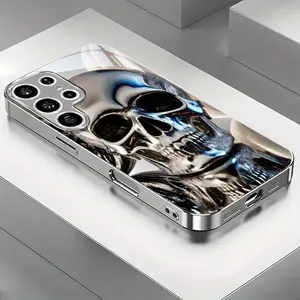Gorgeous Texture Skull New Electroplated Silver Phone Case Suitable for Samsung Galaxy S25/S24/S23/S22/Note 20/A11/A12/A13/A14/A15/A20/A21s/A22/A23/A24/A25/A31/A32/A33/A42/A34/A50/A51/A52/A53/A54/A55/A70/A71/A72/A73 Fashionable Unisex Couple Protective Ca