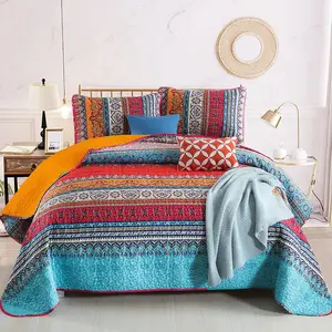 Boho Set Twin Size, Orange and Blue Bohemian Striped Sets 2 Pieces Soft Microfiber Lightweight Bedspread Coverlet Bedding Set for All Season(68"x86")