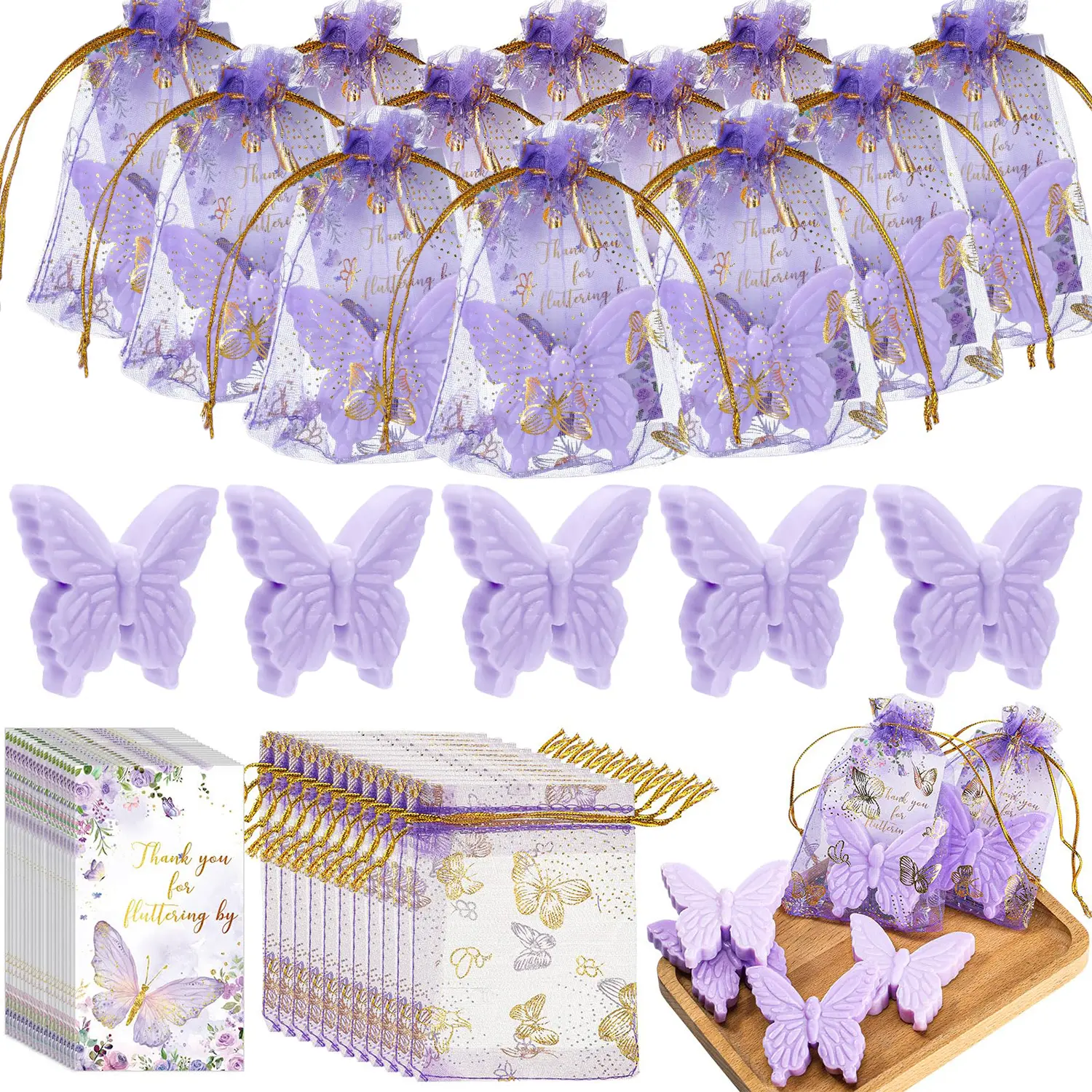 40-Set Butterfly Themed Palm Mesh Drawstring Gift Kit - Butterfly Soap & Thank You Cards in Themed Packaging for Baby Shower, Gender Reveal Parties