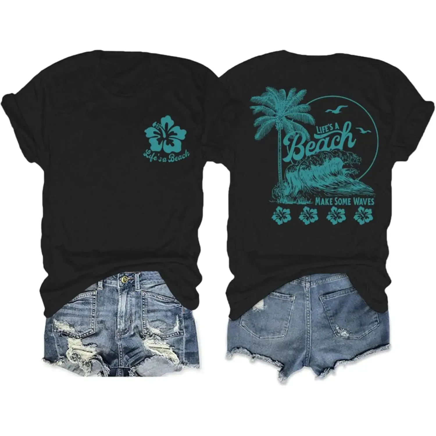 Women's Cotton Casual Tropical Graphic Tee - Round/Crew Neck Short-Sleeve T-Shirt, Lightweight Hawaiian Beach Top with Hibiscus, Palm Tree, Floral Designs for Summer Vacation Womenswear Summer Crewneck Shortsleeve Tshirt