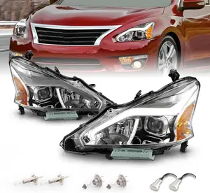 AmeriLite for 2013-2015 Nissan Altima 4 Door Sedan LED Tube Chrome Square Projector Headlights Set - Passenger and Driver Side