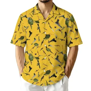 Hot Summer 2026 Bold Tactical Gear Print Hawaiian Shirt, Yellow Action Graphic Summer Button Up Shirt, Statement Vacation Casual Design
