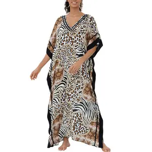 Plus Size Mumu Dresses for Women - Boho Batwing Sleeve Caftan with Side Slits, Long Moo Moo Nightgown & Beach Cover Up - Zebra Leopard