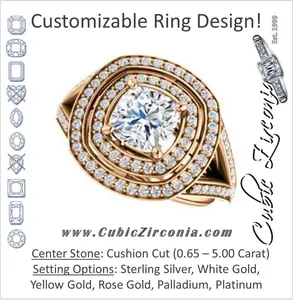 Cubic Zirconia Engagement Ring- The Miriam (Double Halo Ultra-Wide Split Pavé Band with Customizable Cushion Cut Center)
