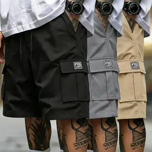 Set of 3 men’s cargo shorts — adjustable drawstring, casual style, multiple pockets; mid-length cargo shorts made of woven fabric, non-stretch, solid color, regular fit for outdoor wear, available in multiple colors., Mid Waist, All Seasons,summervibes su