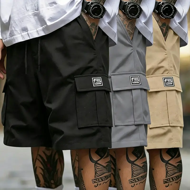 Men's 3-Pack Oversize Woven Cargo Shorts - Solid Color, Multi-Pocket with Side Pockets, Adjustable Drawstring, Casual Fit, Dry Clean Compatible, XL Size Available, Side Pocket Men's Shorts