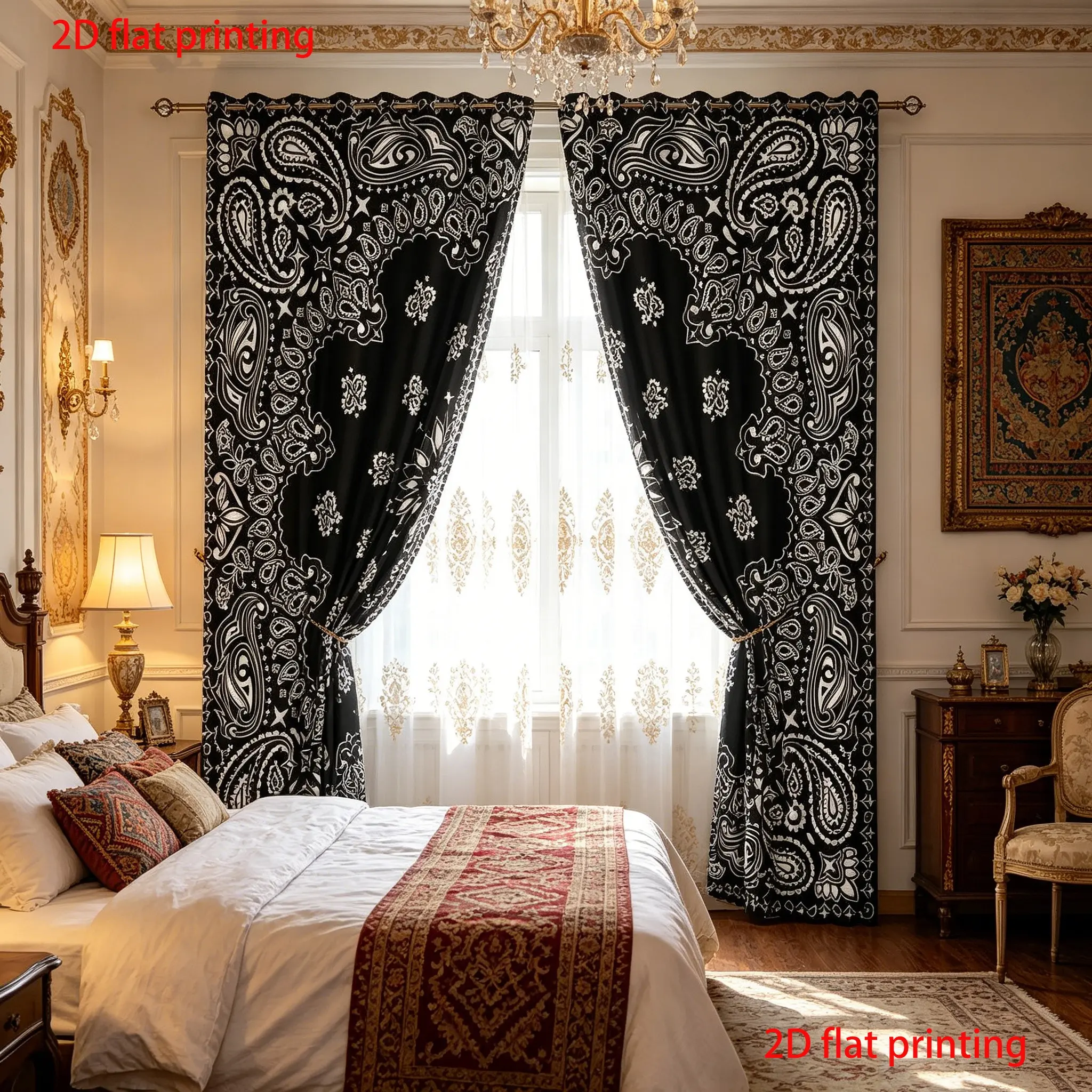 2 Bohemian Mandala Flower Black Curtains - Indian floral design, semi transparent polyester fiber material, universal curtains for bedroom, living room, and living room, Home Decorative Curtain, Sheer Printed Curtains