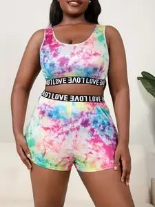 Women's Plus Size Sportswear Casual Sleeveless Vest + Shorts Two-Piece Set, Comfortable Fashion Home Sleepwear, Slim-Fit Above Knee, Pajama Set