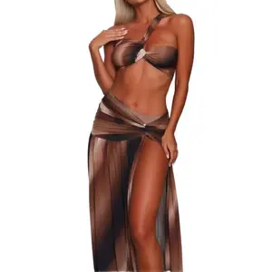 Women's Flattering Tummy Control High Waisted Bikini Set One Shoulder Ombre Brown 3 Piece Swimsuit with Wide Leg Cover Up Pants Snatched Waist Beach Vacation Outfit Bikini Set with Cover Up for Midsize Curvy Women cheeky Slimming rash guard thong suit