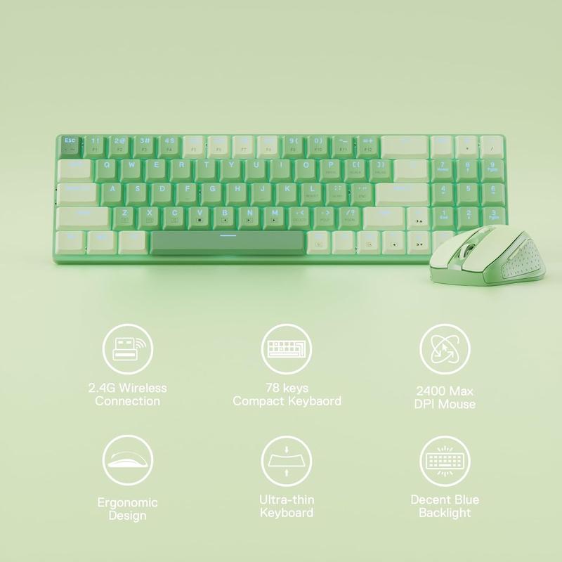 Redragon BS8772 Wireless Ergonomic Keyboard & Mouse Combo 75% 78 Keys 2.4Ghz Low-Profile Mechanical w/Rechargeable Battery 2400 DPI Blue Backlight