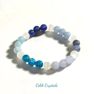 Aquamarine & Blue Lace Agate Bracelet with Lapis Lazuli, Angelite, Apatite, Blue Aventurine and Selenite - Natural Stones Unisex Bead Jewelry