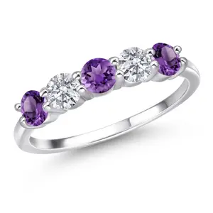 Gem Stone King 5-Stone Wedding Band Ring | 4MM Gemstone Birthstone and Lab Grown Diamond | 925 Sterling Silver | Engagement Anniversary Promise Ring for Women