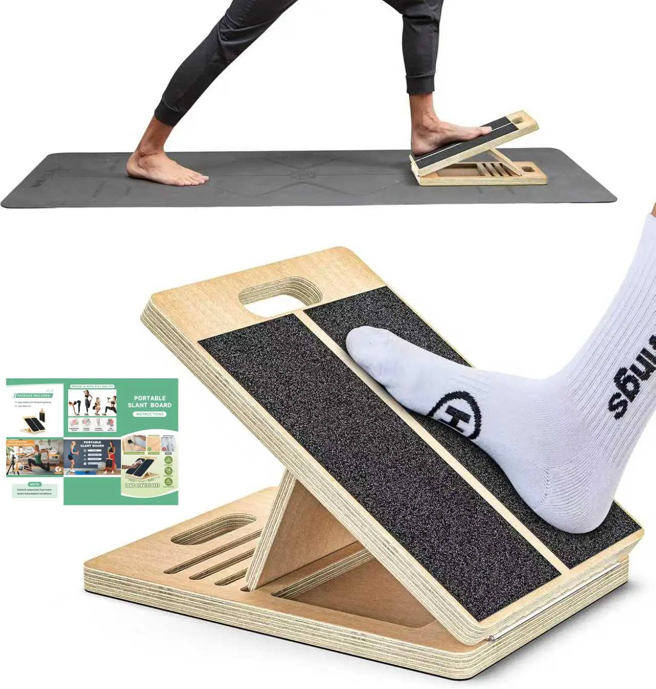 【summerwins 】Portable Wooden Slant Board for Calf Stretching Squats Calf Stretcher Pilates Physical Therapy Equipment Adjustable Incline Board for Knees Ankle Heel Feet Leg