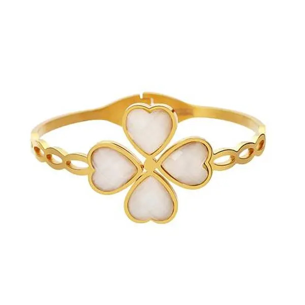 Stately Steel Flower Heart Bangle Bracelet