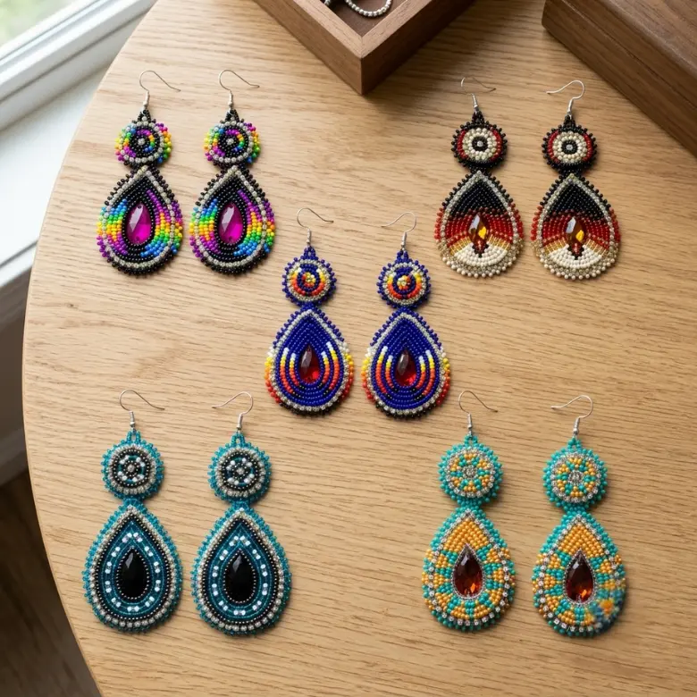 Handmade Beaded Teardrop Czech Earrings - 3.5 Inches Long