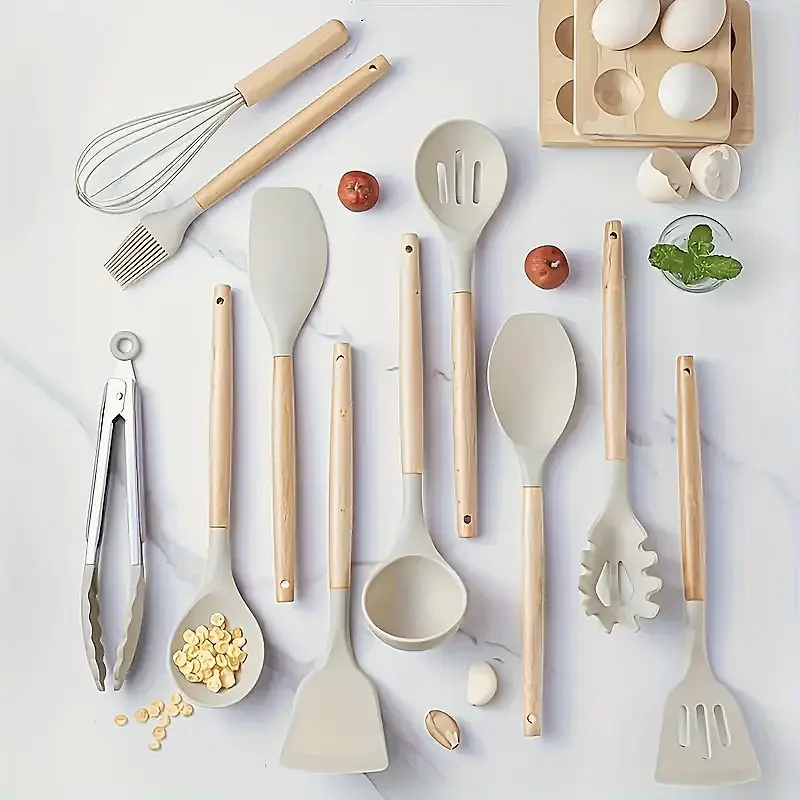 banbers 12pcs Silicone Cooking Set - 230°C Heat-Resistant Kitchenware Set, Non-Stick Silicone Cookware, Silicone And Stainless Steel Set - Practical Cooking Utensils (Khaki )