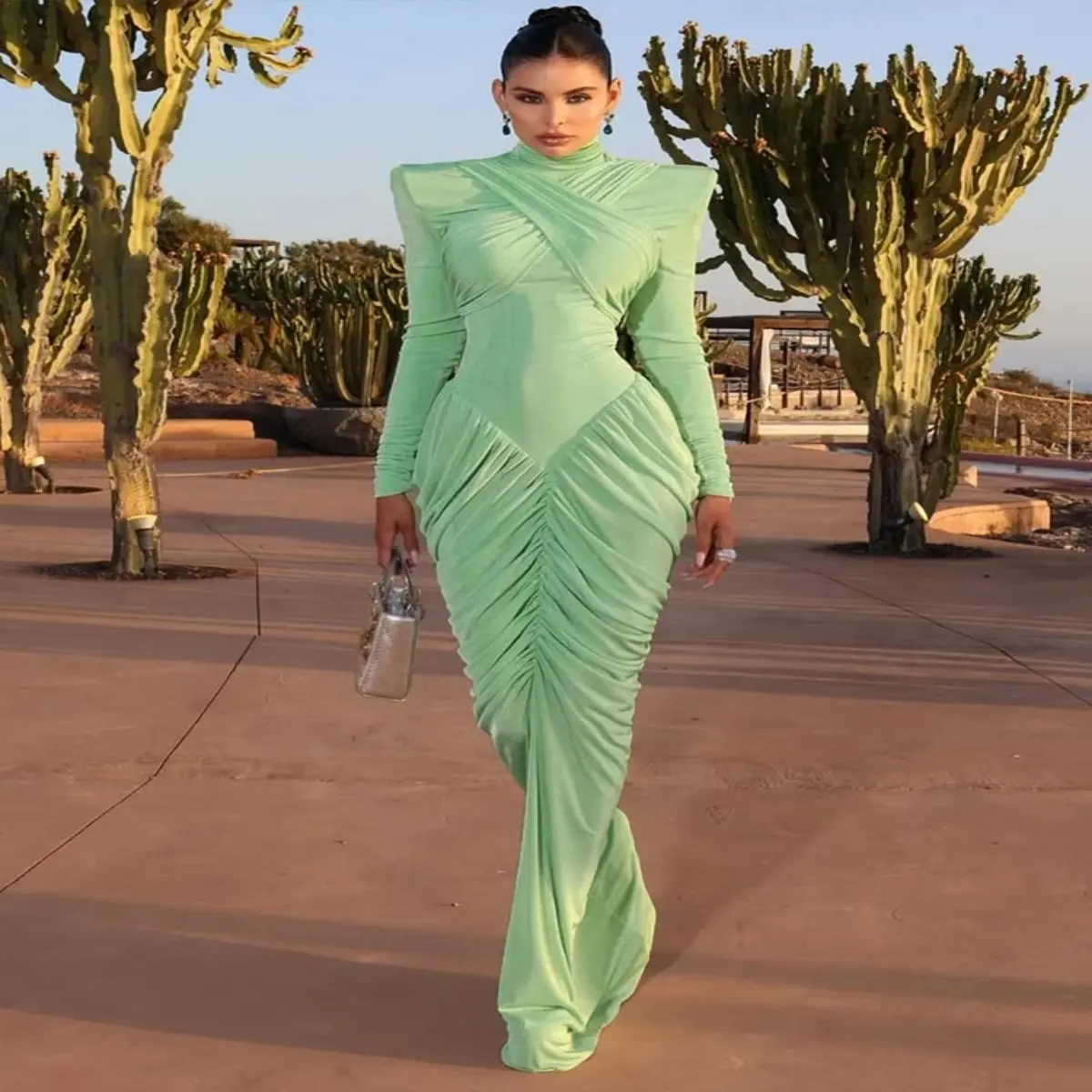 Wisp Threads Autumn New Style Maxi Dress Women Turtleneck Full Sleeve  Backless Skinny Stretch Prom Party Ruched Elegant Vestidos - TikTok Shop