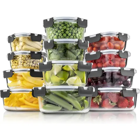 24 Piece Glass Storage Containers with Lids - Leak Proof, Dishwasher Safe Glass Food Storage Containers for Meal Prep or Leftovers, Gray