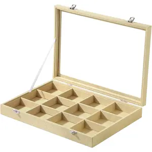 Yellow Linen 12-Compartment Jewelry Organiser Tray Box with Transparent Glass Lid, for Bracelets, Bangles, Necklaces, Ideal for Home Drawers, Tables