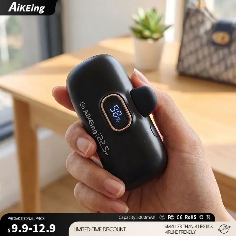 【AikEing】 5000mAh Mini Power Bank, 22.5W Fast Charging Portable Phone Charger with 2 Type‑C Ports, Digital Battery Display, Compact Lightweight, Ideal Accessory for Travel & Back‑to‑School