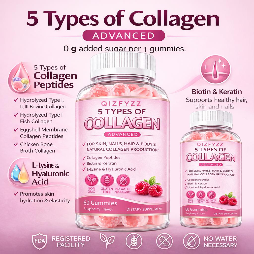 Collagen Peptide Gummies — Multi-Collagen Complex supporting hair, skin, and nail health; specially formulated with 2500mg Keratin, 5000mcg Biotin, Hyaluronic Acid, Vitamin C, and Zinc. 60 Count.