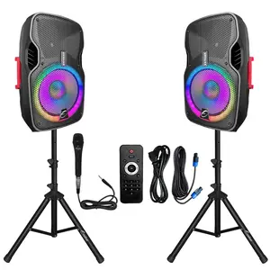 EXOTON 15 inch Professional Dual Powered PA Speakers, 1200 Watts Active&Passive Loudspeakers, PA System Combo Set with Microphone/Tripods/Remote Control/Bluetooth/USB/LED Light, Indoor