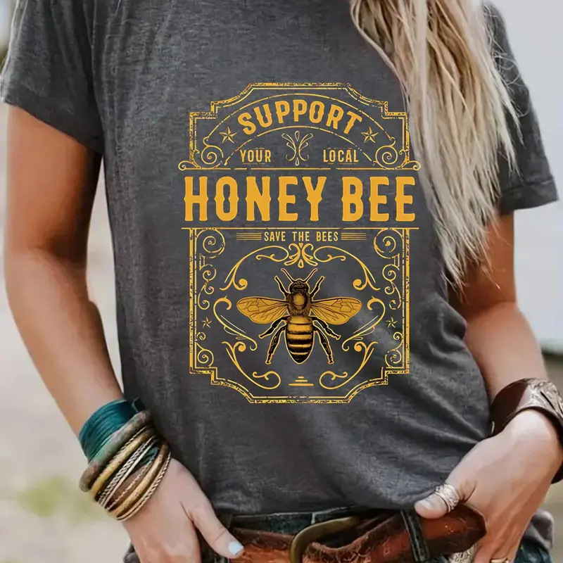 Women's Vintage Honey Bee Graphic T-Shirt, Crew-Neck Short-Sleeve Fitted Streetwear Casual Top with Save the Bees Text for Spring and Summer, Womenswear
