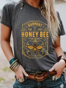 women's honey bee print round neck graphic tee, vintage trendy casual short sleeve t-shirt for daily wear, ladies summer top, summer clothes women, womenswear
