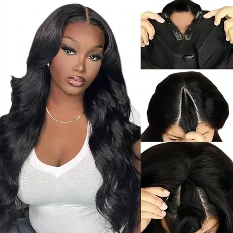 V Part Wig Human Hair, Body Wave Wig for Black Women, Glueless Wigs Human Hair with Drawstring, 180% Density, V Shape Clip In Wig, No Leave Out, No Sew In, 100% Virgin Unprocessed Brazilian Hair, Heat Resistant, Natural Looking Volume for Daily Wear