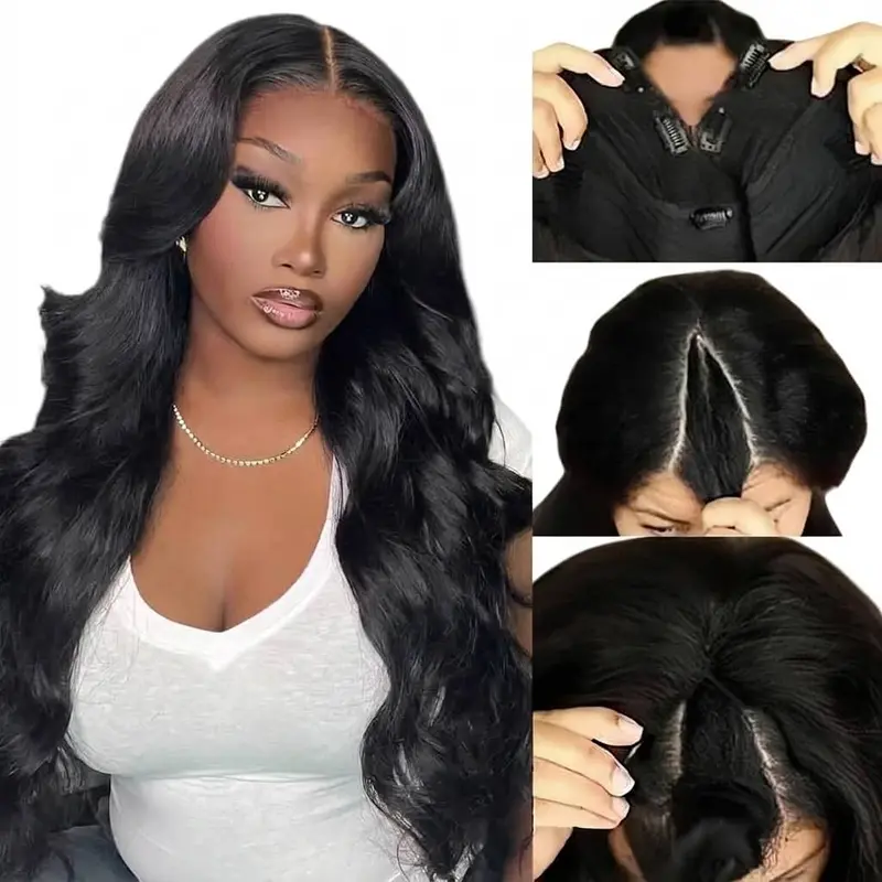 V Part Wig Human Hair, Body Wave Wig for Black Women, Glueless Wigs Human Hair with Drawstring, 180% Density, V Shape Clip In Wig, No Leave Out, No Sew In, 100% Virgin Unprocessed Brazilian Hair, Heat Resistant, Natural Looking Volume for Daily Wear