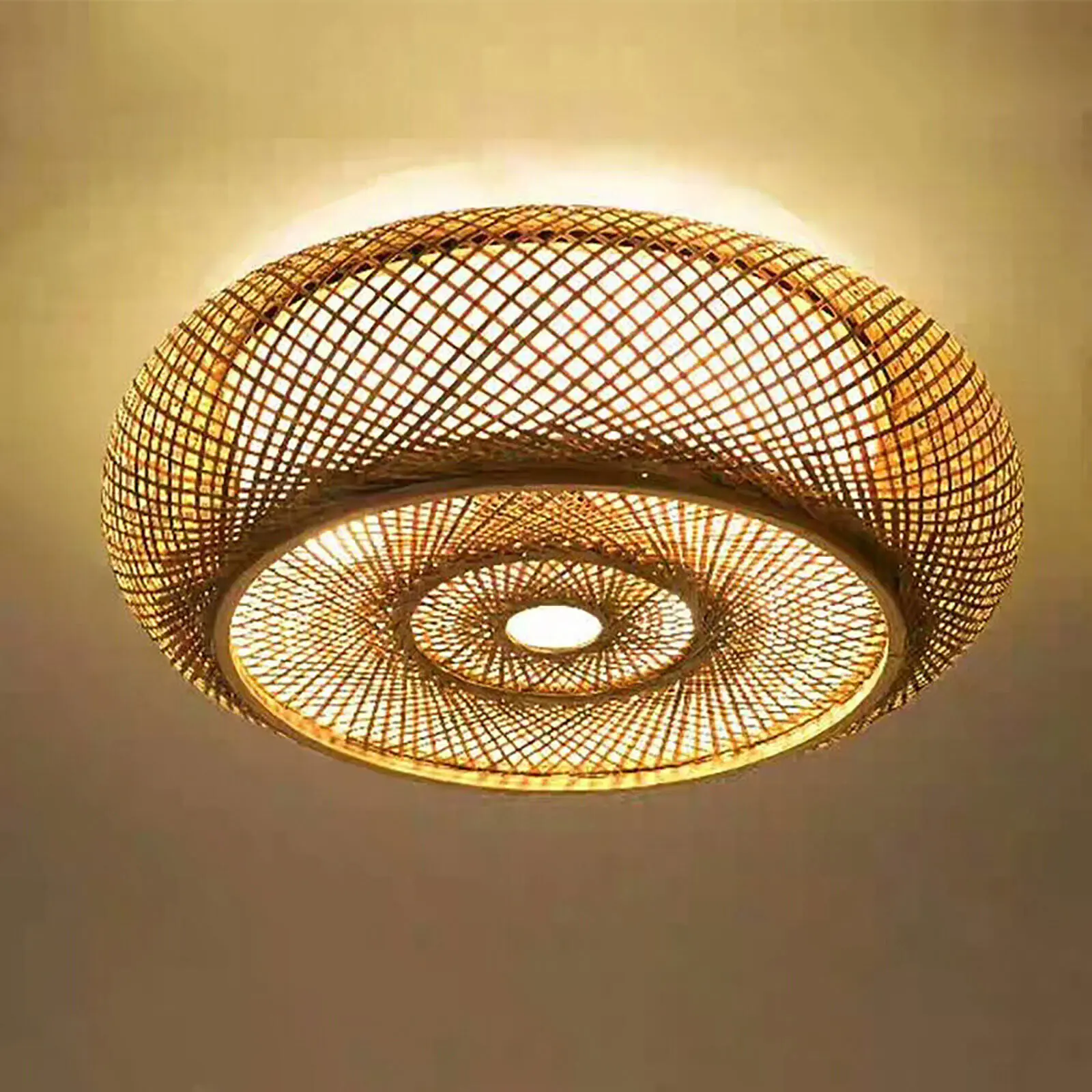 3-Light Handmade Rattan Bamboo Drum Flush Mount Ceiling Lamp Fixture, Modern Rustic Lodge Indoor Chandelier for Dining Room Home Decoration, Interior