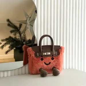 Cute Hairy Smiley Face Handbag Messenger Bag in Light Blue with Faux Fur and Leather Accents for Stylish Outfits Perfect for Daily Use