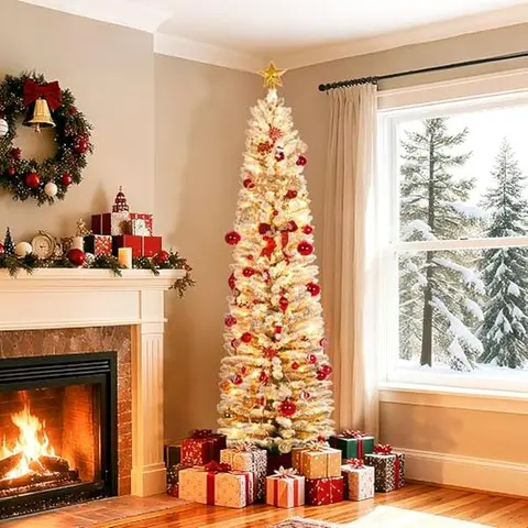 Gaomon Pre-Lit Artificial Christmas Trees - 4.5ft/6ft/7.5ft/7.5ft/9ft/12ft Flocked Xmas Trees with Floor Protection, LED Illuminated White/Pink/Pine Cone Styles, LED Glow Decor for Home, Party Supplies