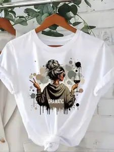 Women's Oyster & Letter Print Round Neck Tee, Trendy Casual Fitted Crew Neck Short Sleeve Knit T-Shirt for Daily Wear, Ladies Summer Outfit, Top, Womenswear