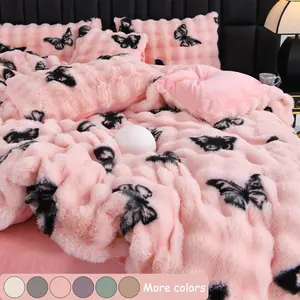 Luxury Faux Rabbit Fur 3PCS Duvet Cover Set – Ultra Soft Warm Bedding Covers with Zipper Closure & 2 Pillowcases, Soft Bedding Sets, Solid/Butterfly Design, Versatile Patterns, Cozy Bedroom Decor, Perfect Christmas & Housewarming Gift