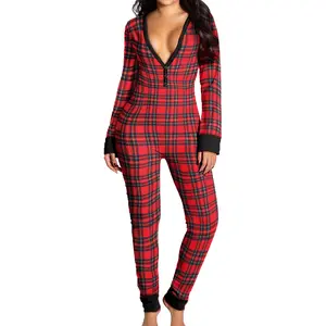 Women's Sleeping Romper, Christmas Pajamas, Long Sleeve V-Neck Printed Loose Detachable Crotch Elastic Home Clothes
