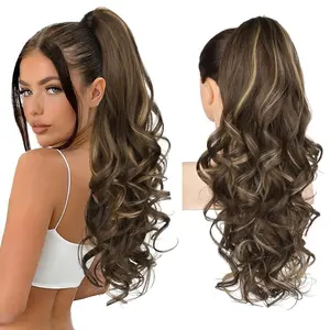 Ponytail Extension, 24" Claw Clip in Ponytail Extensions Long Curly Wavy Ponytail Hair Extension Jaw Clip on Pony Tails Hairpiece for Women - Chocolate Brown with Highlights