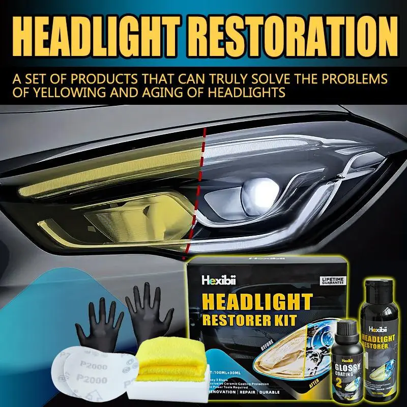 Automotive Headlight Restorer Kit with Headlight Polishing Agent, Car Detailing Paint Care Product, Upgraded Cleaner for Oxidation & Yellowing Removal, Enhanced Crystallization Coating, No Power Tools Needed