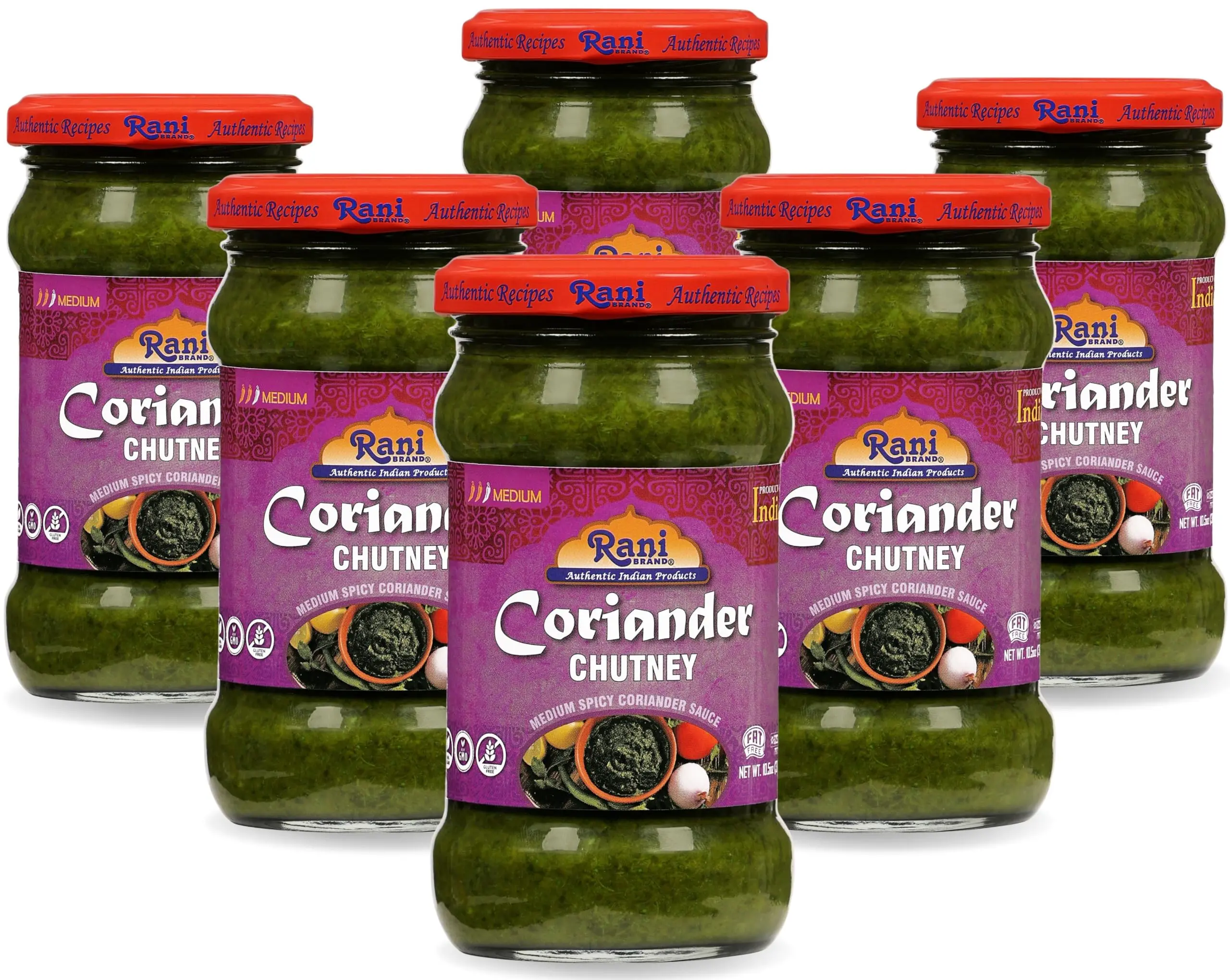 Rani Coriander (Cilantro) Chutney 10.5oz (300g) Glass Jar, Ready to Eat, Pack of 5+1 FREE ~ Vegan | Gluten Free | NON-GMO | Kosher | Indian Origin