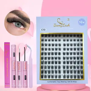 Natural Look Eyelash Extensions Kit, Beginner Friendly Lashes, 1 Box Fluffy Curling False Eyelashes with 1 Eyelash Glue & 1 Tweezers, Professional Eye Makeup Accessories for Women, Cosmetic