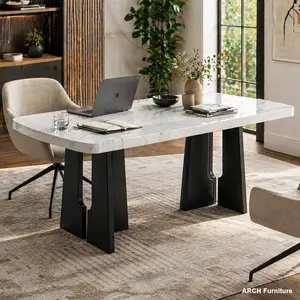 63" Rectangular Modern Faux Marble MDF Flat-Top Dual-Use Dining Table - Black/White Heavy-Duty Geometric Legs, Marble Vein Design, Easy Setup Indoor Furniture for Home, Office, Dual-Use Dining Tables, Flat-Top Dining Tables