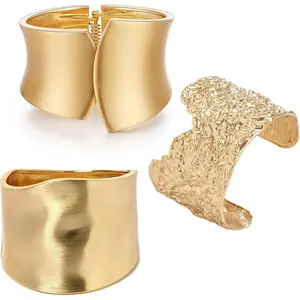 1-3PCS Gold Cuff Bracelets for Women Trendy Wide Chunky Bangle Bracelets Hinge Fashion Irregular Wrist Cuff Wrap Bracelet High Quality Zinc Alloy Material Gold Plated Hypoallergenic