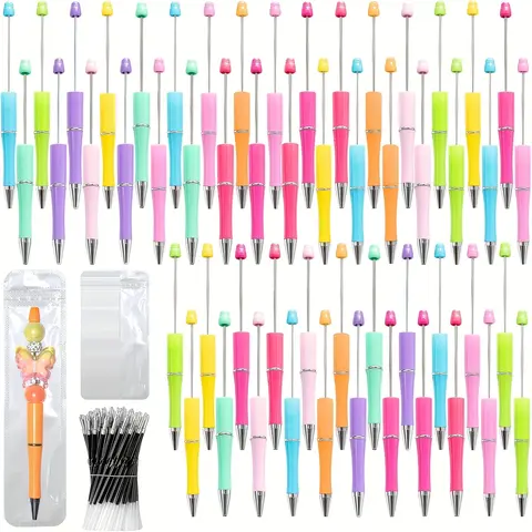 Unisex 150-Piece DIY Beadable Pen Set - 14cm/5.5 inches Refillable Smudge-Resistant Plastic Base Black Ink Ballpoint Pens, Refills, Storage Bags (50 Each), Colorful Decorative Charms for Jewelry Decoration, Journaling, Birthday Gifting
